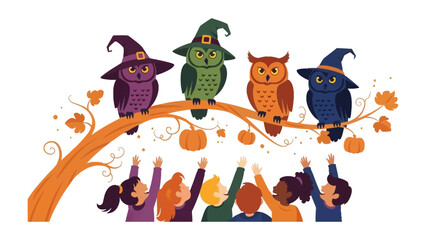 Enchanted Halloween Gathering: A delightful digital illustration showing Halloween owls in pointed hats sitting on a tree branch. Below them, children reach out in eager anticipation.