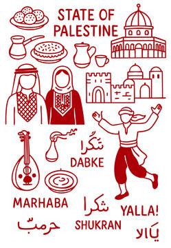 Palestine Culture Illustration Set &ndash; Traditional People, Music, Dance, Food, and Symbols	