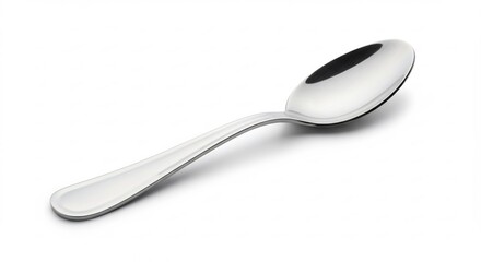 Cuchara de metal pulido destaca n&iacute;tida sobre fondo blanco minimalista con iluminaci&oacute;n de estudio limpia