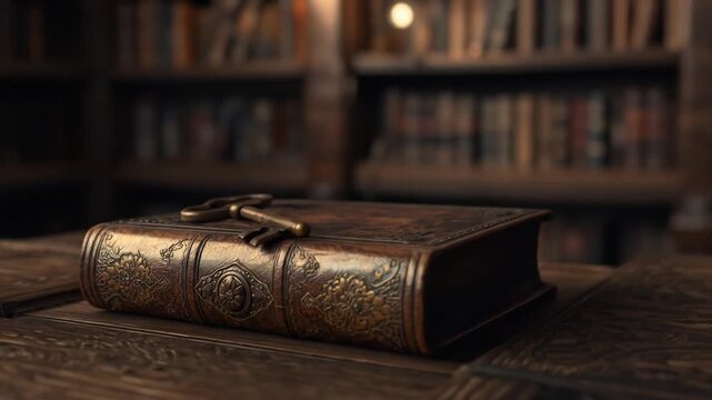 Antique leather-bound book with ornate key resting on a wooden table in a vintage library setting
