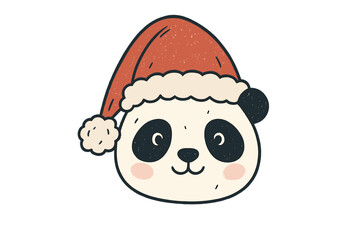 Cute panda bear face in Santa Claus hat. Funny Christmas animal character head. Hand drawn cartoon vector illustration for winter holidays. New Year graphic design for kids.
