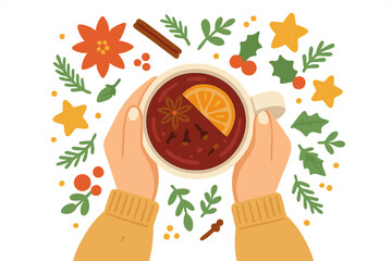Top view of hands in sweater holding hot mulled wine. Christmas flat lay vector with winter spices, orange, cookies, poinsettia, and holly. Festive holiday season concept.