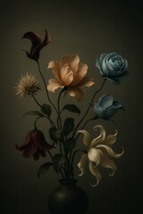 Botanical Harmony: A still life of diverse flowers, blooming in a simple vase against a muted background, embodying natural beauty.