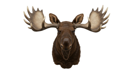 Majestic moose head with large antlers isolated on transparent background, brown furred animal trophy for hunting lodge decor
