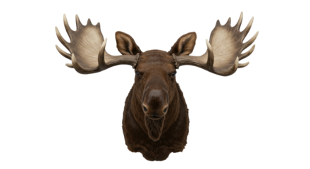 Majestic moose head with large antlers isolated on transparent background, brown furred animal trophy for hunting lodge decor