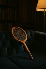 Tennis Nostalgia: An old-fashioned wooden tennis racket rests gracefully on a plush sofa, the vintage charm of the racket a timeless symbol of sportsmanship and the golden age of tennis.