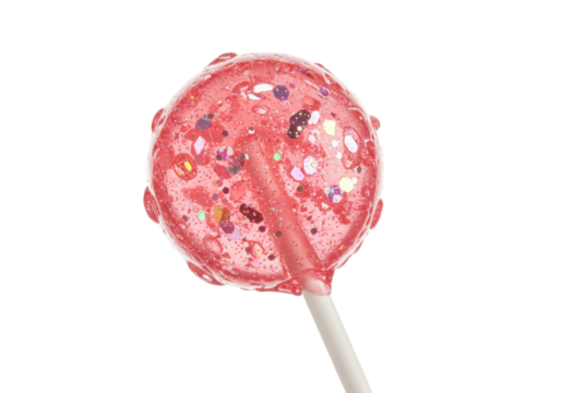 Sparkly pink lollipop isolated on transparent background, sweet candy treat with glitter for party favors and confectionery designs