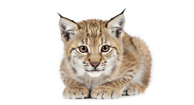 Tierno cachorro de lince con pelaje rayado posa calmado sobre fondo blanco puro bajo luz n&iacute;tida