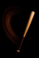 Baseball Bat Swings: A baseball bat poised with a dynamic swoosh, representing the power and elegance of baseball on black background