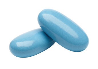 Two blue pills isolated on transparent background, medication capsules for health and wellness