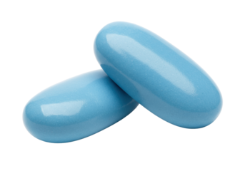 Two blue pills isolated on transparent background, medication capsules for health and wellness