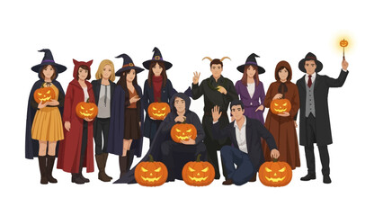 Halloween Celebration: A whimsical illustration captures a group of people in various Halloween costumes, each holding a glowing carved pumpkin, set against a crisp backdrop.
