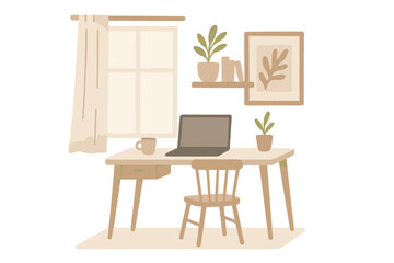 Home office interior in Scandinavian style. Modern workplace for remote work, freelance. Cozy desk with laptop, chair, plants. Lagom hygge concept. Vector illustration.
