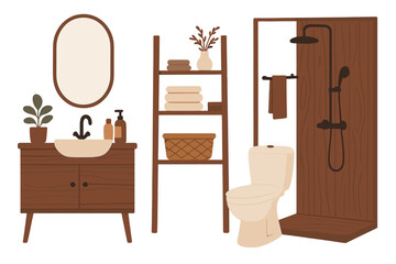 Modern cozy bathroom interior with wooden furniture. Scandinavian, Japandi, and Hygge style home decor. Vector illustration of a toilet, sink, shower, and decorations.