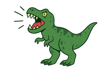 Terrible roaring green dinosaur cartoon, T-rex with sharp teeth and claws, hand-drawn vector illustration for t-shirt, textile, kids design, prehistoric reptile art