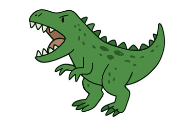 Fototapeta premium Terrible roaring green dinosaur cartoon, scary prehistoric T-Rex vector illustration for kids, hand-drawn reptile, funny animal print, t-shirt and textile design flat isolated