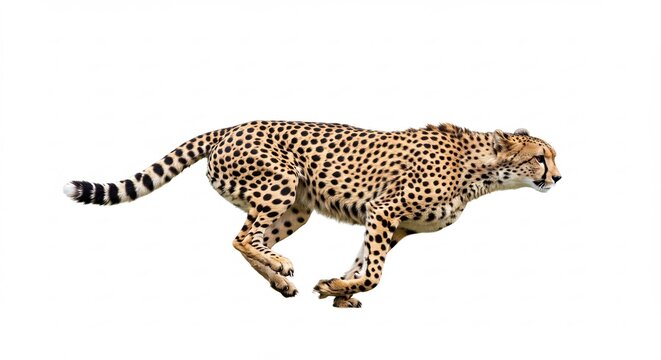 Guepardo r&aacute;pido en plena carrera con luz n&iacute;tida fondo blanco puro destacando su silueta atl&eacute;tica