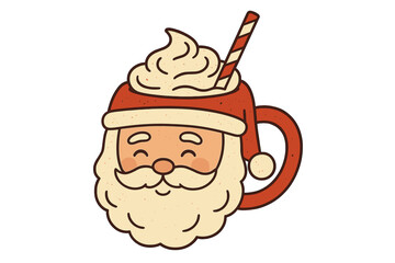 Santa Claus head mug with hot winter drink, whipped cream and striped straw. Festive cup for coffee, cocoa, or chocolate. Christmas vector flat hand drawn isolated illustration.