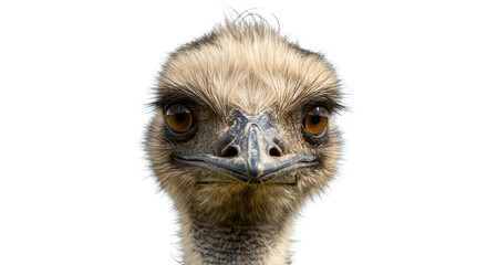 Close-up of an emu head PNG isolated on transparent background, large flightless bird with brown eyes and fluffy feathers
