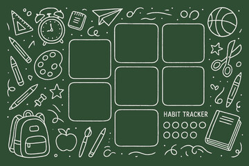 Weekly planner for kids on green chalkboard background with doodle school supplies and stationery items, timetable organizer, habit tracker, extracurricular activities vector illustration