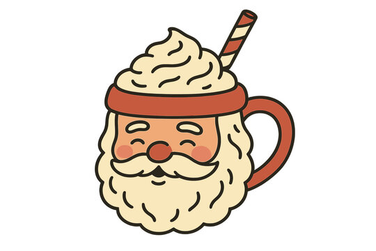 Santa Claus head mug with a hot winter drink. Christmas cup with whipped cream and candy cane straw. Cute vector illustration for the holiday season. Festive cartoon character.