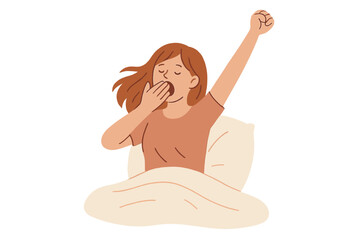 Young woman waking up in bed yawning, morning routine, start good day concept, sleepy girl stretching in bed, cozy bedroom scene, flat hand-drawn vector illustration