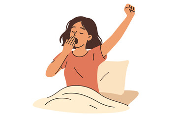 Young woman waking up in bed yawning, morning stretch illustration, feeling tired and sleepy, start of a good day concept, flat hand-drawn vector cartoon with transparent background