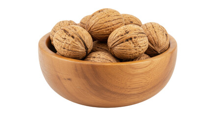 Walnuts in a wooden bowl isolated on white, healthy snack food rich in omega-3 fatty acids and antioxidants