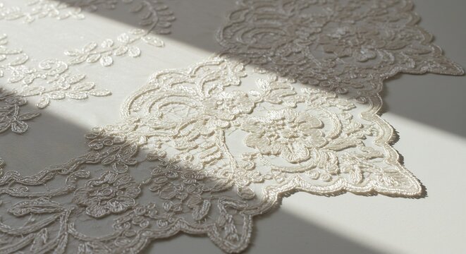 Delicado encaje blanco ornamental revela su intrincada textura bajo vibrante luz solar diagonal generando sombras estilizadas