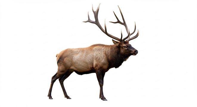 Majestuoso ciervo wapiti macho con impresionantes astas capturado con luz clara sobre blanco puro