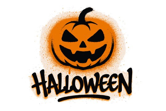 Halloween graffiti jack o lantern. Spooky spray paint pumpkin. Scary face street art. Urban holiday lettering. Grunge vector design element. October party aerosol illustration.