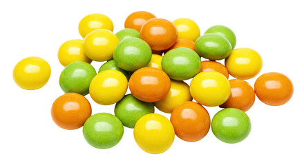 Pile of colorful gumballs isolated on transparent background, assortment of yellow green and orange candy for confectionery