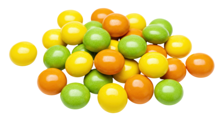 Pile of colorful gumballs isolated on transparent background, assortment of yellow green and orange candy for confectionery