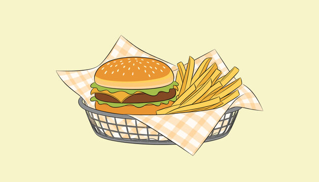 Classic cheeseburger and french fries in a fast food basket