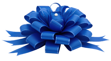 Elegant blue ribbon bow isolated on transparent background, festive decoration for gifts and celebrations in PNG format