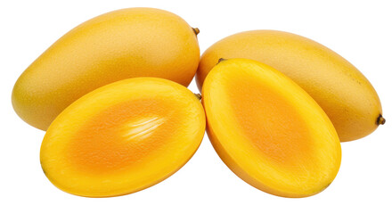 Ripe yellow mango fruits isolated, two whole and two halves on transparent background, tropical fruit PNG