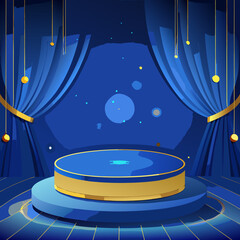 Blue stage with golden podium and curtains for product display stage, podium, theater, curtains, blue, gold, display, product, presentation, award, winner