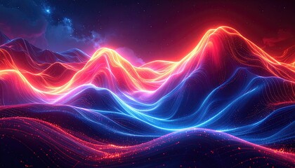 Glowing, stylized mountain range is depicted with vibrant, luminous lines in shades of red, orange, and blue.