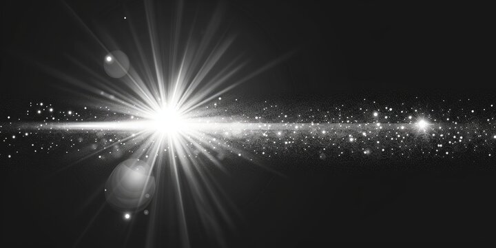 A bright, starburst-like light source emanates from the center, casting rays across a dark background speckled with dust and particles