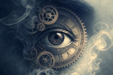Obraz premium Surreal eye surrounded by clock gears and abstract smoke effects.