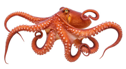 Orange octopus isolated on transparent background PNG, marine animal with tentacles and suckers for seafood and underwater life concepts