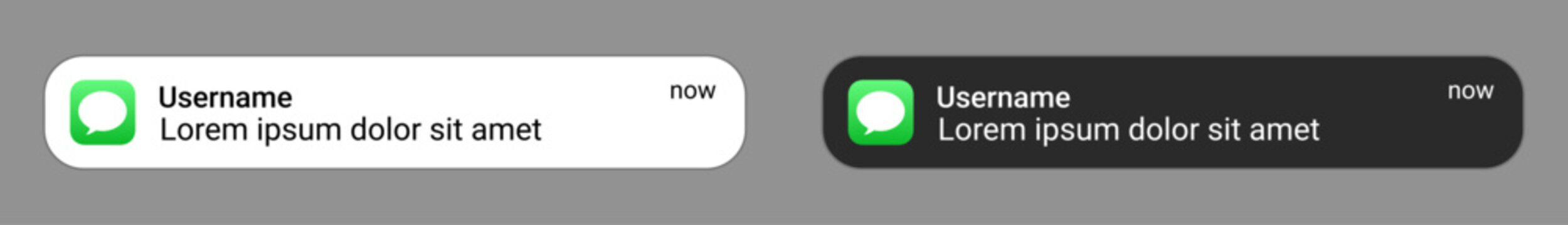 iOS notification banner mockup set. Mobile phone alert popup template in light and dark mode user interface design for app, message, and system notifications.