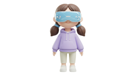 Cartoon girl with VR headset isolated PNG, 3D rendering of a child wearing virtual reality glasses for gaming and metaverse