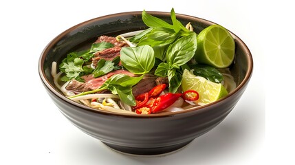 A bowl of pho with beef, noodles, basil, cilantro, lime, and red chili peppers on a white background