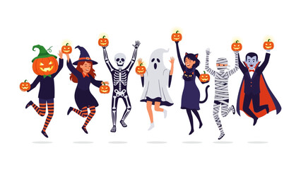 Spooky Celebration: Diverse characters in vibrant costumes, holding mini pumpkins, celebrate Halloween with joy and playful energy. A festive scene of spooky fun!