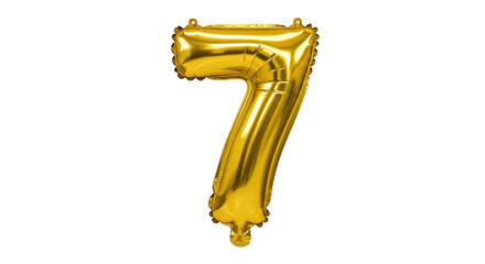 Shiny golden number 7 balloon isolated PNG, festive party decoration for birthdays and special occasions on transparent background