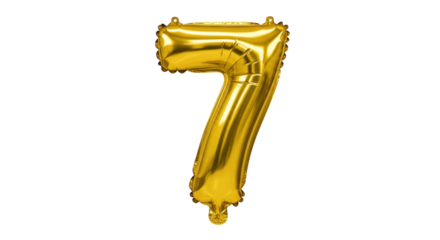 Shiny golden number 7 balloon isolated PNG, festive party decoration for birthdays and special occasions on transparent background