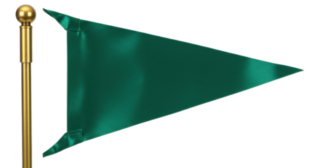 Green triangular flag on a golden pole isolated, pennant banner PNG for sports or golf course marker