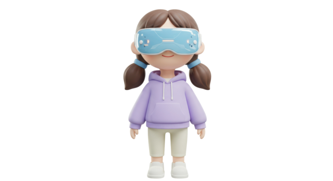 Cartoon girl with VR headset isolated PNG, 3D rendering of a child wearing virtual reality glasses for gaming and metaverse