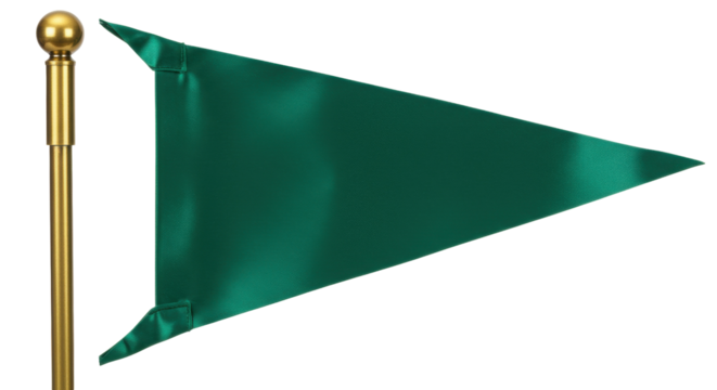 Green triangular flag on a golden pole isolated, pennant banner PNG for sports or golf course marker